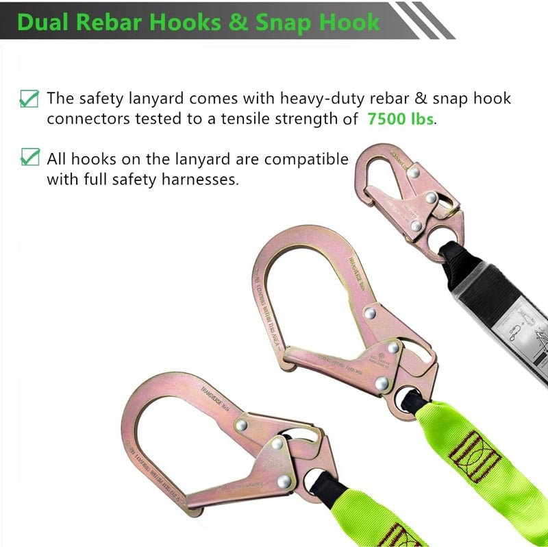 Ymachray 6FT Double Leg Internal Shock Absorbing Safety Fall Protection Lanyard with Dual Rebar & Snap Hook |Heavy-Duty Webbing | Roofer, Construction, Scaffolding | OSHA & ANSI Rated (A-Shock Absorbing) - Image 5